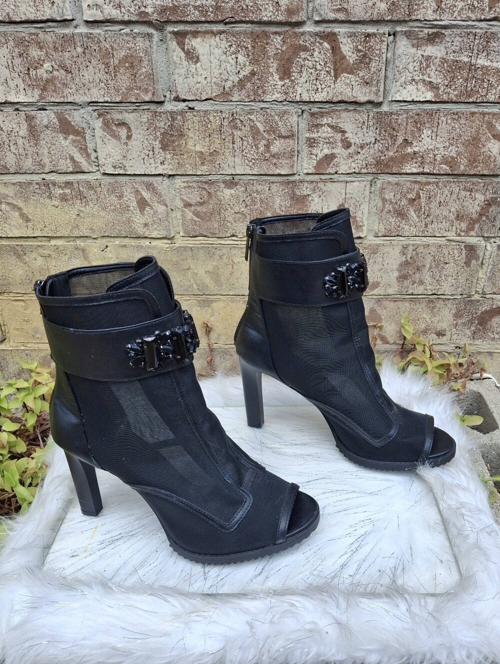 Karl Lagerfeld Black Sheer Mesh Jeweled Peep-Toe Stiletto Shoes Women Size 11 - Picture 7 of 16